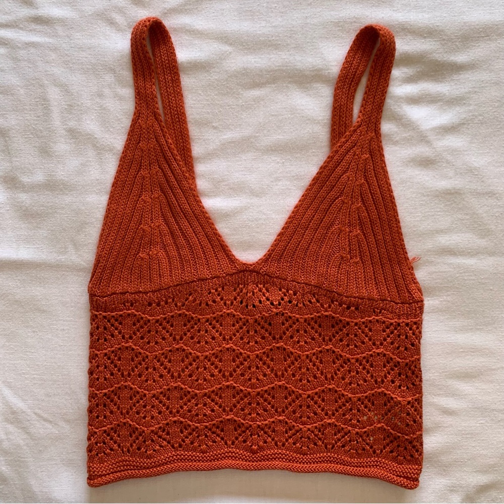 Knit Lace Crop Tank Top - Rust Orange